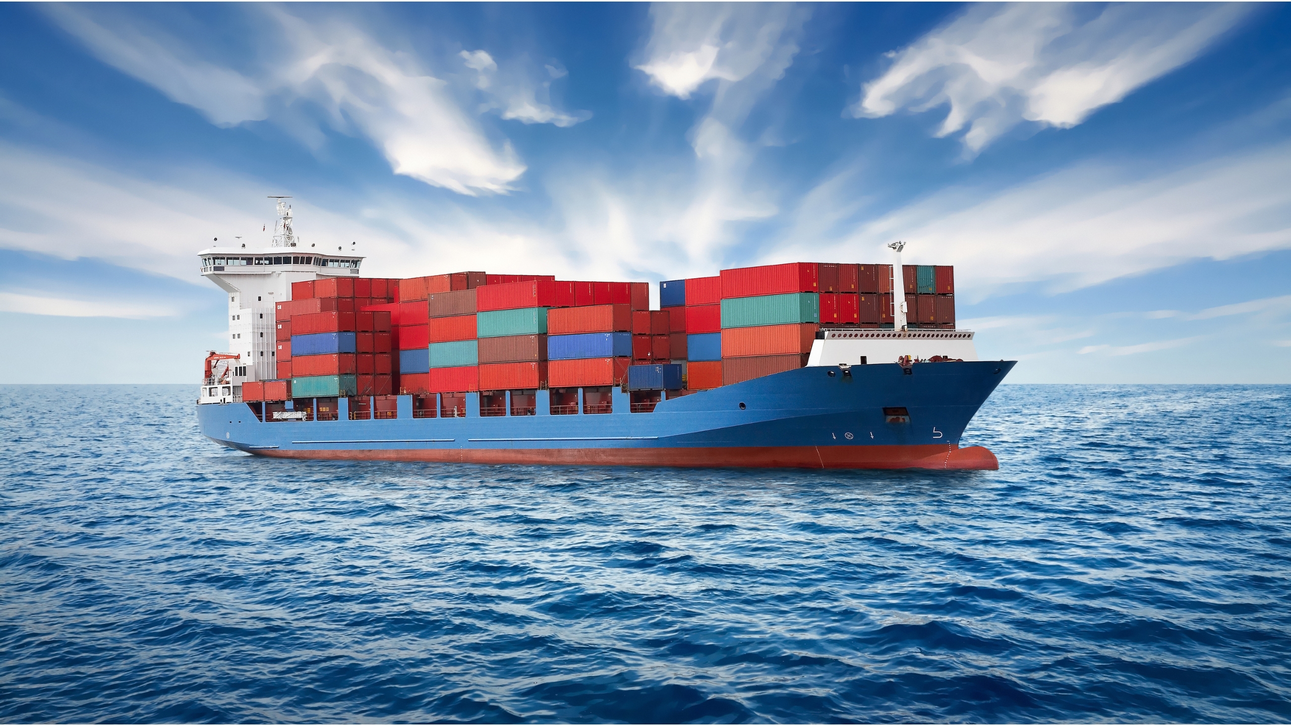 Aerial view of container ship on the ocean